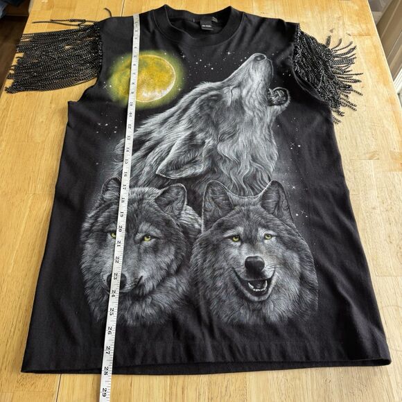 Double Side Wolf Print Black Shirt Fringe Chain Sleeves By Avion En Papier RARE - Picture 10 of 12